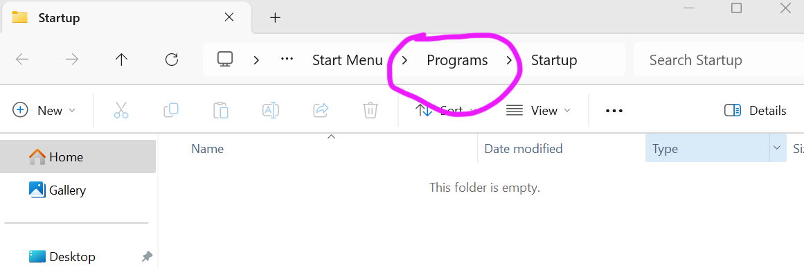 screenshot of Windows Finder showing where the Programs folder is relative to Startup